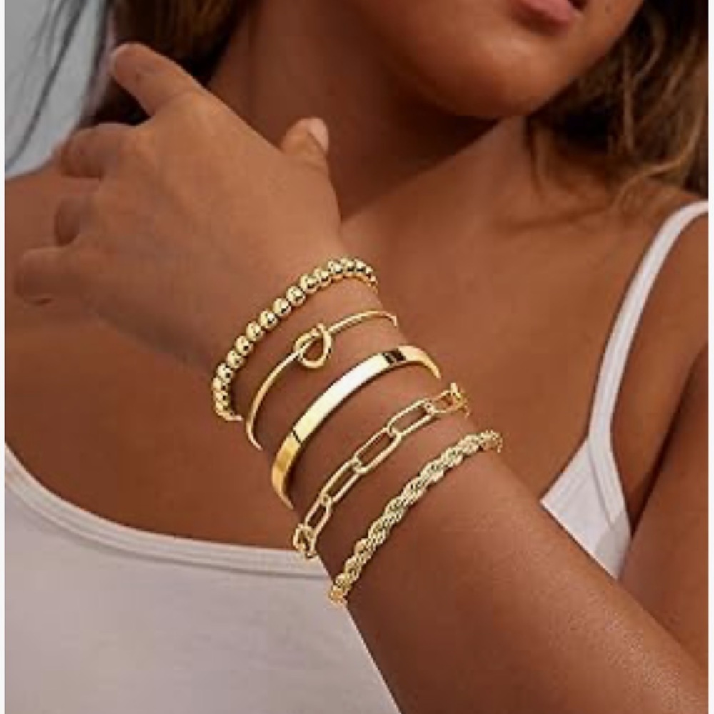 14K Gold Plated Trendy Tie Knot Cuban Rope Paperclip Bracelet Stack